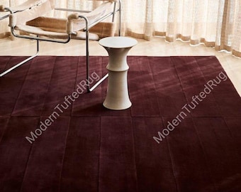 Alfombra de lana tejida a mano: Alfombra moderna de rayas color burdeos intenso para dormitorio.
