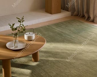 Alfombra de lana tejida a mano / Alfombra moderna de color verde salvia liso para sala de estar