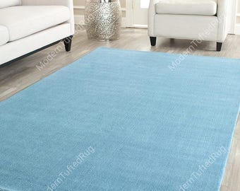 Alfombra de lana tejida a mano: Alfombra lisa de color azul claro para sala de estar, dormitorio o pasillo.