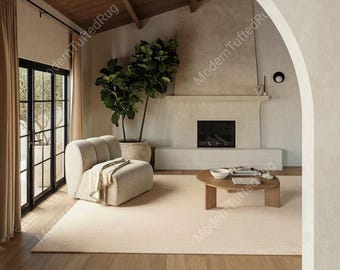 Alfombra de lana tejida a mano: Alfombra moderna de color crema liso para sala de estar o dormitorio.