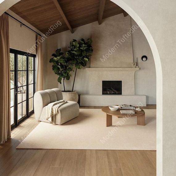 Hand Tufted Wool Rug: Solid Cream Modern Area Rug for Living Room, Bedroom
