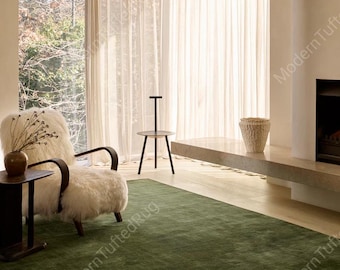 Alfombra de lana tejida a mano: Alfombra moderna de color verde oscuro liso para sala de estar.