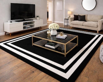 Alfombra de lana tejida a mano: Alfombra con borde blanco y negro para sala de estar.