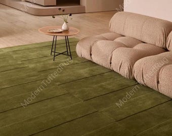 Alfombra de lana tejida a mano: Alfombra moderna de rayas verde oliva lisa para sala de estar.