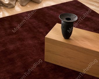 Alfombra de lana tejida a mano: Alfombra moderna de color burdeos liso para sala de estar.