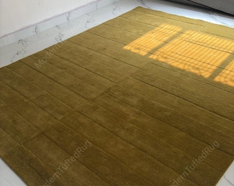 Alfombra de lana tejida a mano: Alfombra moderna de rayas doradas mostaza lisa para sala de estar.
