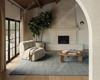 Hand Tufted Wool Area Rug: Muted Blue Grey, Modern Solid Design