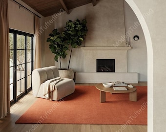 Alfombra de lana tejida a mano: Alfombra moderna de color terracota liso para sala de estar.