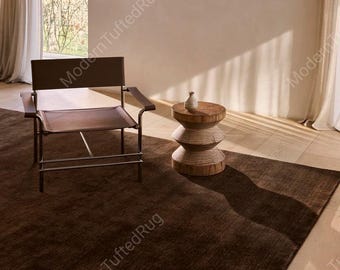 Alfombra de lana tejida a mano: Alfombra moderna de color marrón oscuro liso para sala de estar o dormitorio.