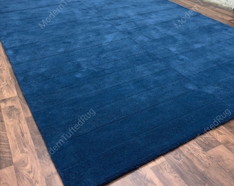 Hand Tufted Deep Blue Wool Rug: Modern High-Low Pile