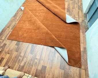 Alfombra de lana tejida a mano: Alfombra moderna de rayas naranja quemado para la decoración del hogar.