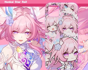 May include: A rectangular phone case featuring a repeating pattern of chibi-style anime characters with pink hair, blue roses, and purple eyes. The design includes small star icons and white leaf motifs on a pink background with a camera cutout.