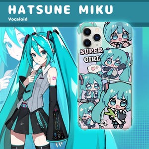 Könnte beinhalten: Eine Handyhülle mit Hatsune Miku, einem Vocaloid-Charakter. Die Hülle hat einen hellblauen Hintergrund mit einer Manga-Illustration von Miku. Der Text "SUPER GIRL" und "WOW!!" sind ebenfalls sichtbar.