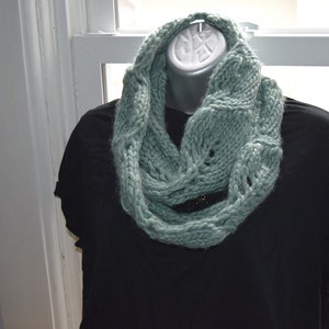 Hand-Knit Leafy Infinity Cowl in Soft Dusty Mint Color