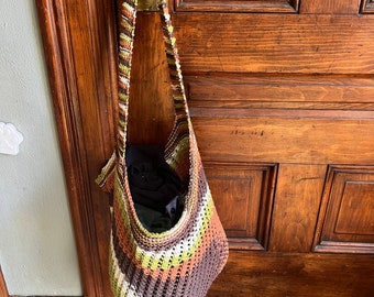 Hand-Knit Beach Bag or Large Market Bag - Brown, Green, Orange, & White - 100% Cotton