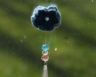 Handmade crystal beaded suncatcher with fuzzy turquoise crocheted flower