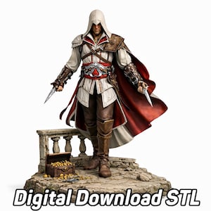 Può includere: Statuetta dettagliata di un personaggio della serie di videogiochi Assassin's Creed. La figura indossa una tunica bianca con cappuccio, pantaloni marroni e un mantello rosso. Il personaggio tiene due pugnali e si trova su una piattaforma di pietra. Il testo "Digital Download STL" è in basso.