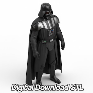 Pode incluir: Imagem de corpo inteiro de uma figura de Darth Vader em um traje preto com capacete, capa e luvas. A figura tem uma placa de peito prateada e um cinto com um painel de controle. O texto "Digital Download STL" está na parte inferior.