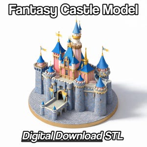 May include: A detailed fantasy castle model with pink, blue, and gray accents. The castle features multiple turrets with blue conical roofs, gold finials, and small yellow flags. The text "Fantasy Castle Model" and "Digital Download STL" are displayed.