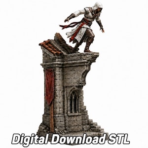 Peut inclure: Figurine détaillée d'un personnage en robe à capuche blanche avec des accents rouges, posé sur une structure en pierre avec une bannière rouge. La structure a un toit en tuiles et des fenêtres cintrées. Le texte "Digital Download STL" est en bas.