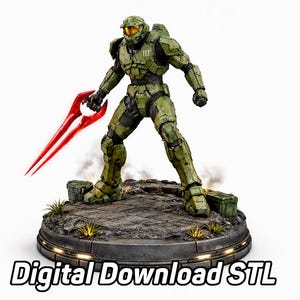 May include: A detailed green action figure of a character from the Halo video game series, holding a red energy sword. The figure is standing on a circular base with the text "Digital Download STL".