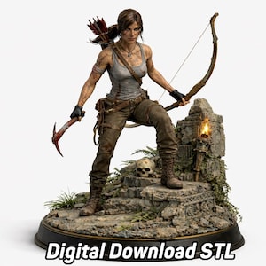 May include: A detailed statue of a female figure in combat gear, holding a bow and arrow and a pickaxe. She stands on a stone base with a skull and a torch. The text "Digital Download STL" is at the bottom.