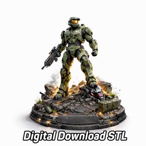 Puede incluir: Figura de acción detallada en verde y gris de un soldado futurista sosteniendo un rifle, de pie sobre una base rocosa. La figura lleva casco y armadura. La base tiene un aspecto desgastado, con el texto "Digital Download STL" en la parte inferior.