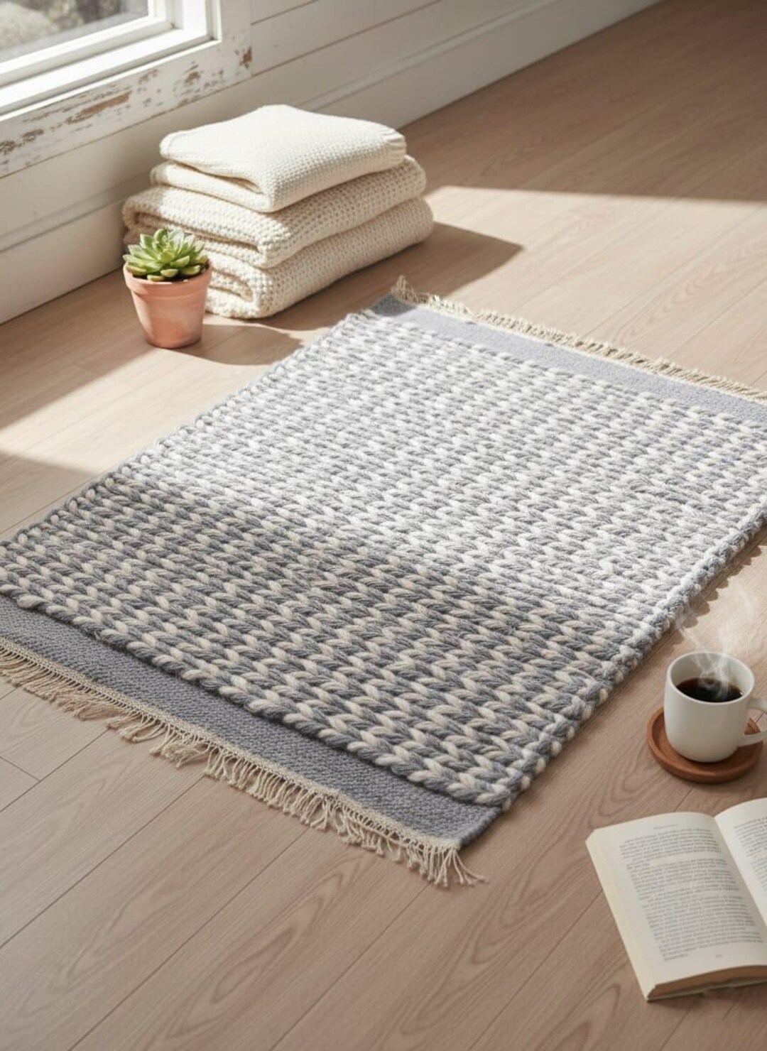 Handwoven Wool Area Rug – Modern Grey & White Textured Carpet - Etsy