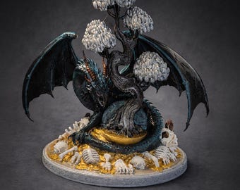 Gothic Dragon Bonsai Sculpture – Dark Fantasy Decor with Treasure Base