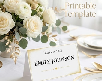 Segnaposto Laurea Bianco e Oro Canva, Template Nome Tavola Modificabile, Decorazione Festa Laurea Elegante Stampabile