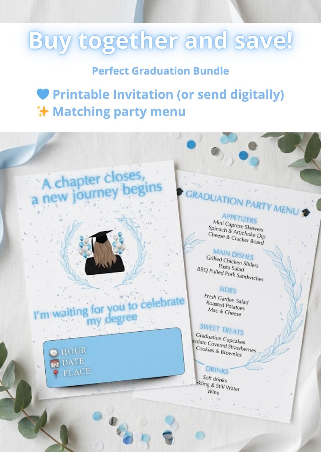 Blue Graduation Invitation & Menu Template Bundle, Editable Canva Party ...