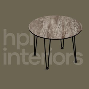 Tavolino rotondo da 60 cm / Tavolino in HPL effetto rovere Driftwood con gambe a forcina nere / Tavolino moderno / Impermeabile e resistente ai graffi