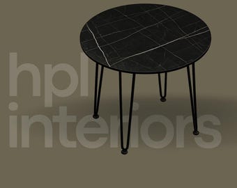 Ronde HPL-bijzettafel 60 cm | Zwartmarmeren salontafel met haarspeldpoten | Moderne accenttafel | Waterdicht en krasbestendig | 42 cm hoog: