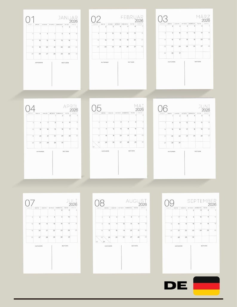 Kalender 2026 zum Ausdrucken in Deutsch Agenda 2026 Minimalistisch