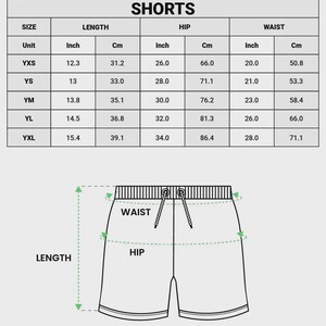 May include: A size chart for all-over print youth soccer shorts featuring a table with length, hip, and waist measurements in inches and centimeters for sizes YXS to YXL, alongside a line drawing of shorts with labeled length, hip, and waist.