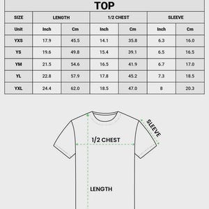 May include: A size chart for an all-over print youth soccer jersey featuring a table with measurements in inches and centimeters for sizes YXS through YXL, including length, 1/2 chest, and sleeve dimensions, alongside a line drawing of a t-shirt.