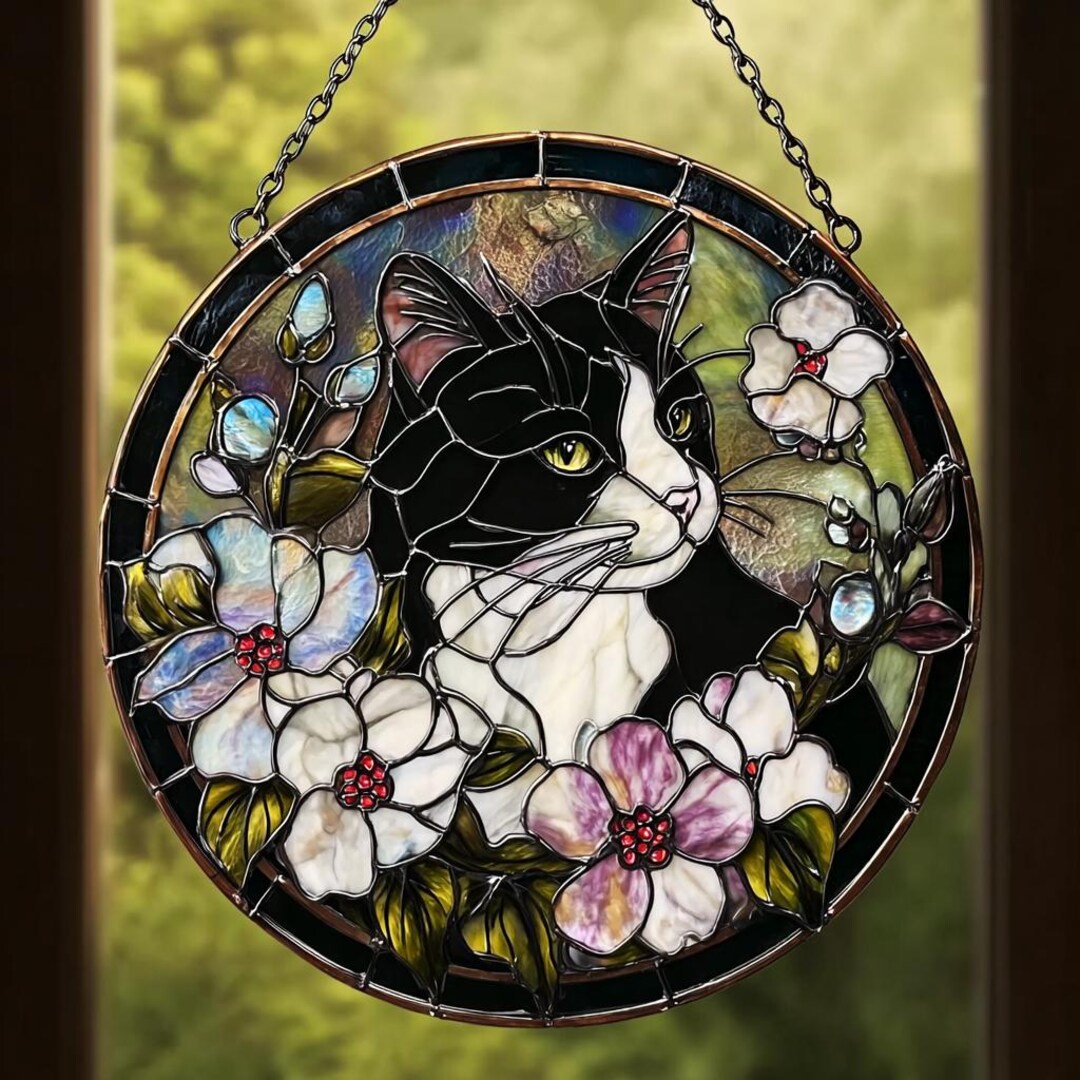 Black & White Cat Stained Glass Suncatcher. Floral Cat Window Hanging ...