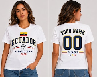 Aangepast voetbalshirt Ecuador, T-shirt WK voetbal 2026 Ecuador, gepersonaliseerd T-shirt voetbalfan, aangepast naamnummer jerseystijl shirt
