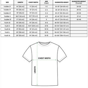 May include: A sizing chart for an AOP kids and youth t-shirt featuring a table with columns for size, length in inches, chest width in inches, age, height in inches, and weight in pounds, alongside a line drawing of a t-shirt with measurement labels.