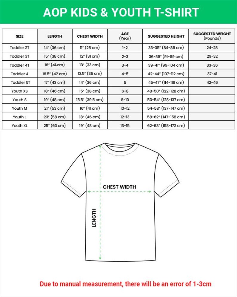 May include: A sizing chart for an AOP kids and youth t-shirt featuring a table with columns for size, length in inches, chest width in inches, age, height in inches, and weight in pounds, alongside a line drawing of a t-shirt with measurement labels.
