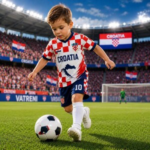 May include: A child wearing a red and white checkered Croatia soccer jersey with the word Croatia and a map graphic, paired with dark blue shorts featuring the number 10 and a small crest, white socks, and white athletic shoes on a field.