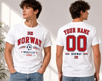 Noorwegen voetbalshirt gepersonaliseerd naamnummer, shirt Noorse voetbalfan, aangepast shirt Noorwegen team, shirt WK 2026