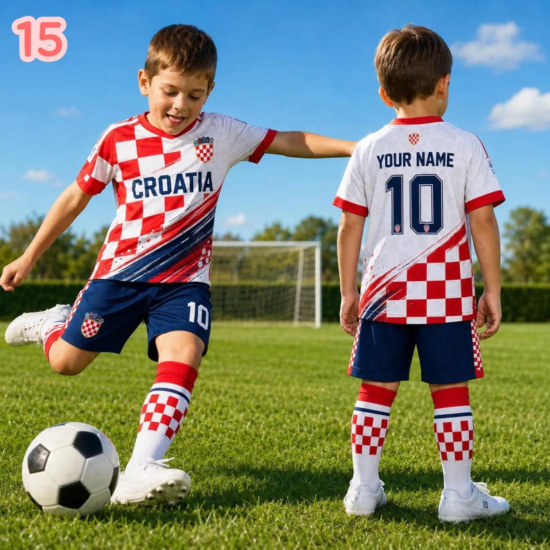 May include: A soccer uniform set featuring a white jersey with a red and white checkered pattern, the text CROATIA, and blue shorts with the number 10. The back of the jersey displays the text YOUR NAME and the number 10, paired with checkered socks.