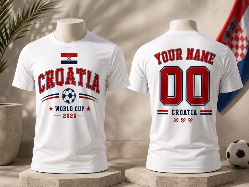 Op de afbeelding: Wit t-shirt met "CROATIA" in rood en blauw, een voetbalafbeelding en de tekst "WORLD CUP 2026". De achterkant toont "YOUR NAME", het nummer "00" en "CROATIA".