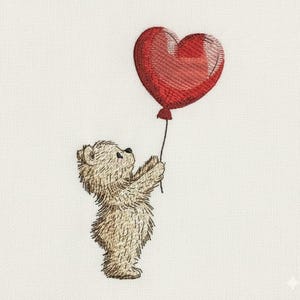 May include: An embroidered design featuring a teddy bear holding a red heart-shaped balloon. The bear is light brown with detailed stitching, and the balloon has a textured appearance. The background is a plain, off-white fabric.
