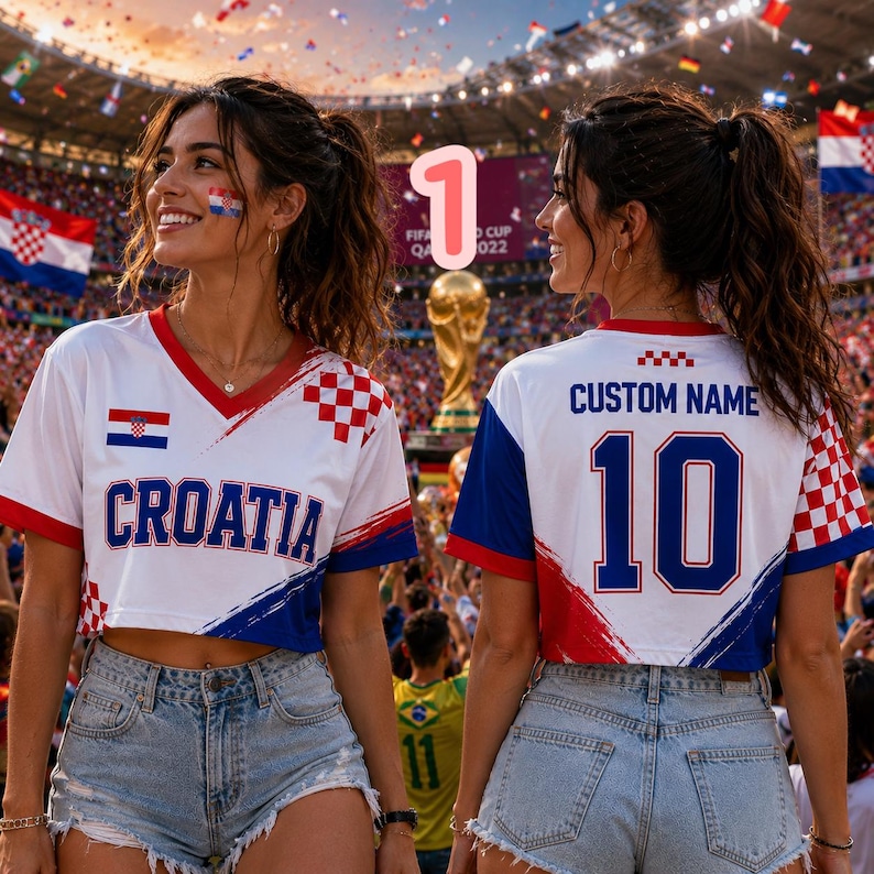 May include: A white, red, and blue cropped soccer jersey featuring the text CROATIA on the front and CUSTOM NAME with the number 10 on the back. The shirt includes a red and white checkered pattern on the shoulder and a V-neck collar design.