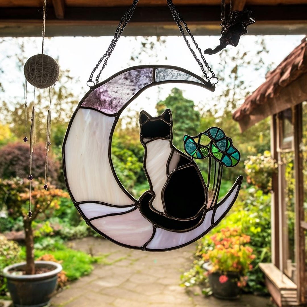 Black Cat Moon Stained Glass Suncatcher Window Hanging Cat Lover Gift ...