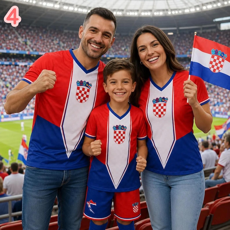 May include: Matching red, white, and blue V-neck shirts featuring the Croatian coat of arms on the chest. The shirts have a central white panel flanked by red shoulders and blue lower sections. A child wears matching red and blue athletic shorts.