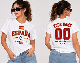 Gepersonaliseerd voetbalshirt Spanje voetbalfan, aangepaste naam en nummer T-shirt, T-shirt España voetbalsupporter, geïnspireerd cadeau WK voetbal, voetbal Spanje