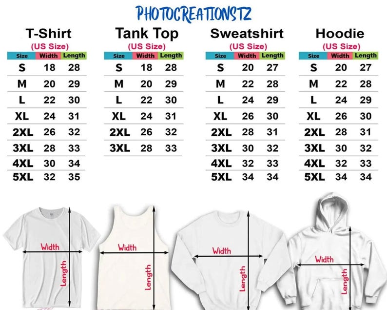 May include: Image displays a size chart for t-shirts, tank tops, sweatshirts, and hoodies. The chart includes measurements in inches for width and length, ranging from size small to 5XL. The brand name "PHOTOCREATIONSTZ" is at the top.